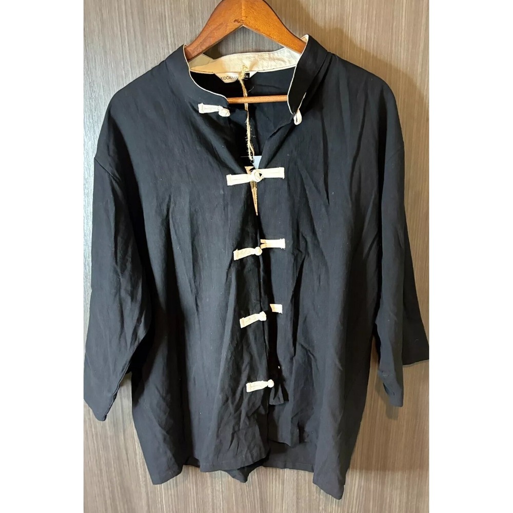 Kidoriman Kimono Shirt Mens XXL Black Frog Buttons 3/4 Sleeve Japanese 50" Chest
